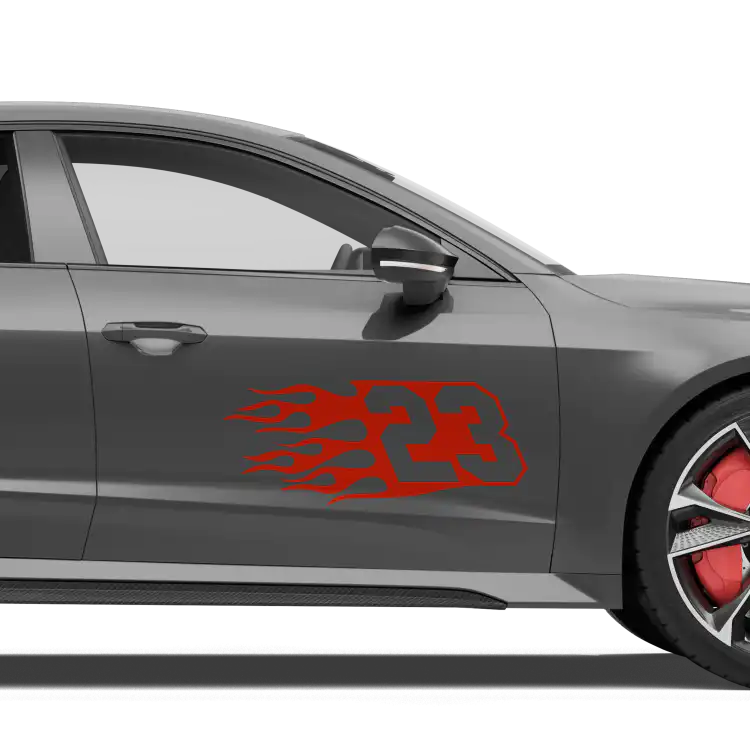 Startnummer mit Flammen_links-Glänzend-Hellrot-Heck